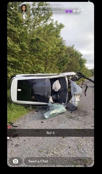 Screenshot from teen driver Jenna Burton's Snapchat shows destroyed car lying on its side after the 112mph crash on the A950 to A952 unclassified road near to Newton, Mintlaw. 