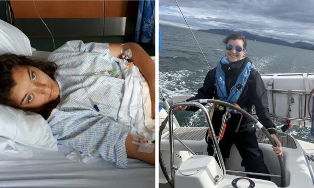 Jovi Fawcett in hospital, left, and sailing on the west coast of Scotland this summer. The 26-year-old won't let her rare blood disorder stop her from enjoying her life. Image: Jovi Fawcett/Ellen MacArthur Cancer Trust