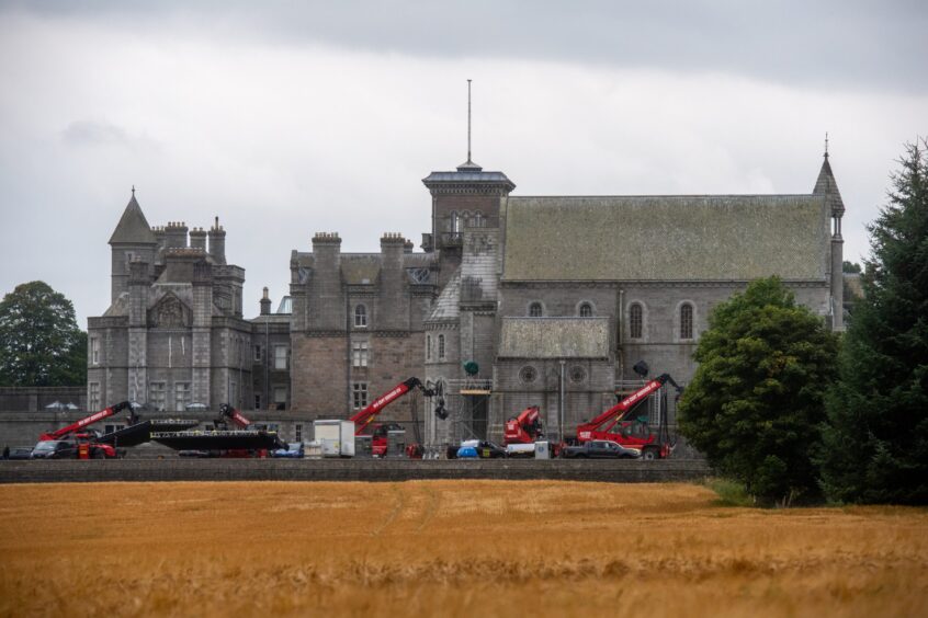 Film crew at Dunecht House during shooting of Guillermo del Toro's version of Frankenstein.