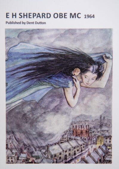 A witch-like figure holding a child flies over a town, illustration for At the Back of the North Wind by EH Shepard.