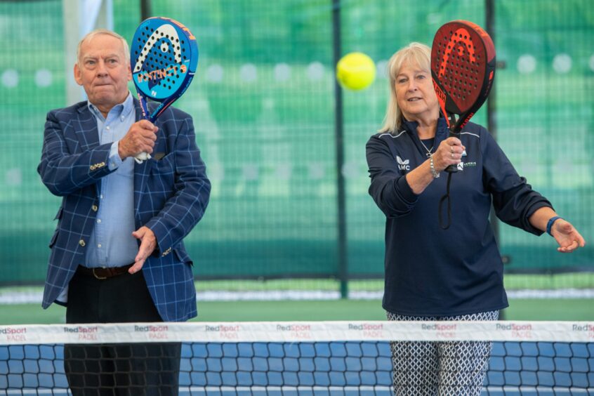 Sport Aberdeen chairman Tony Dawson playing padel at Westburn Park with LTA president Sandi Proctor in May 2023. Image: Kami Thomson/DC Thomson