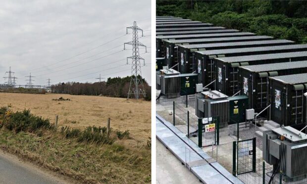 The site of the Kintore development along with a general image of a battery energy storage system