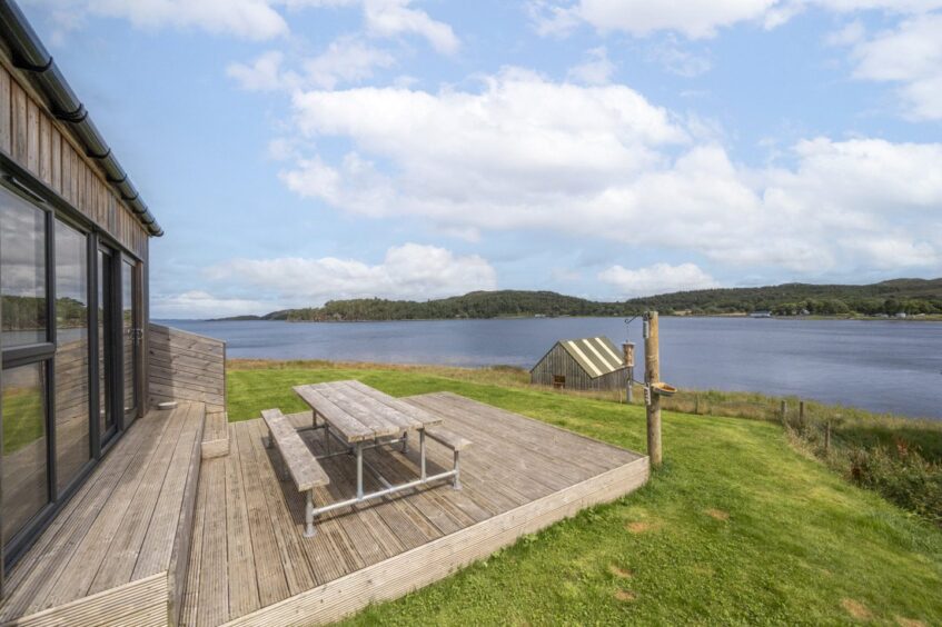 Deck outside The Old Barn looking out towards Loch Ewe.