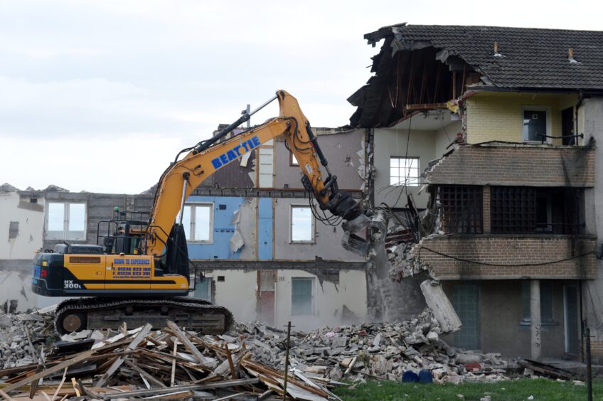 Demolition of Logie Avenue flats in Aberdeen.