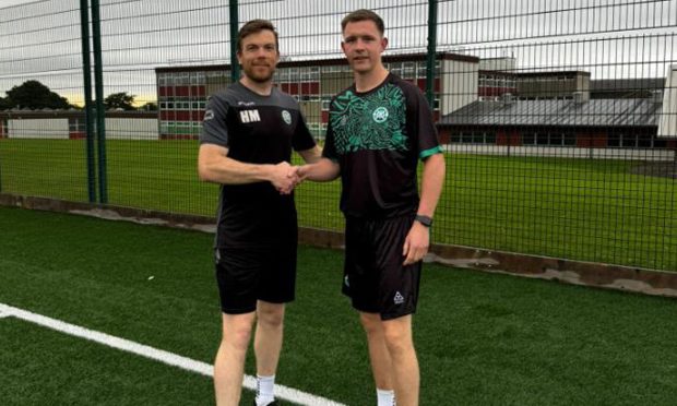 New Buckie Thistle signing Craig Cormack, right, with Hamish Munro. Image: Buckie Thistle.