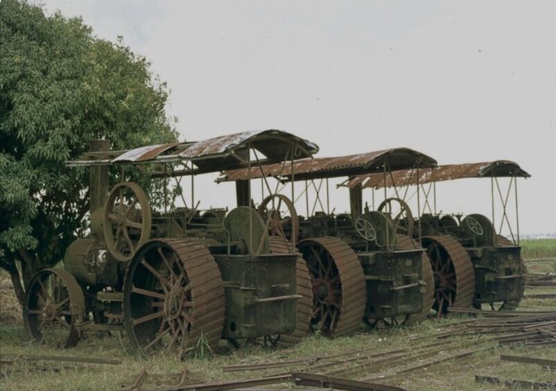 Three of the steam tractors pictured in a row in Mozambique, complete with overhead canopies to protect the driver from the sun.