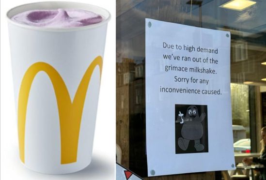 Grimace milkshake and McDonald's Kittybrewster sign.