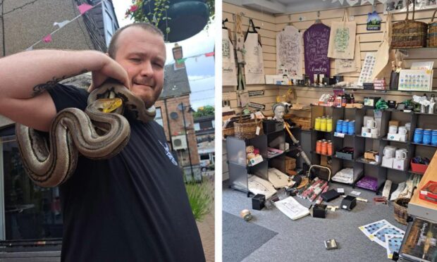 Martin Wolski and Bodhi (left) and shop mess (right).