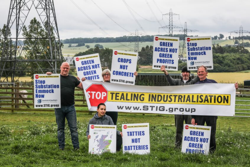 Plans for giant new electricity pylons around the country have sparked protests in some places. Pictured here are members of the Stop Tealing Industrialisation Group, protesting at Balnuith Farm, Angus, earlier this year. 