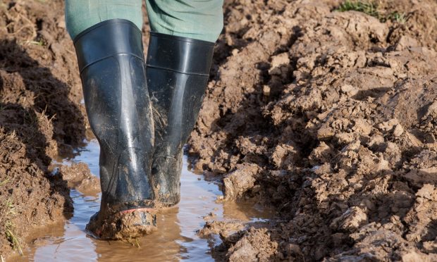 Farmer in wellies in muddy field.