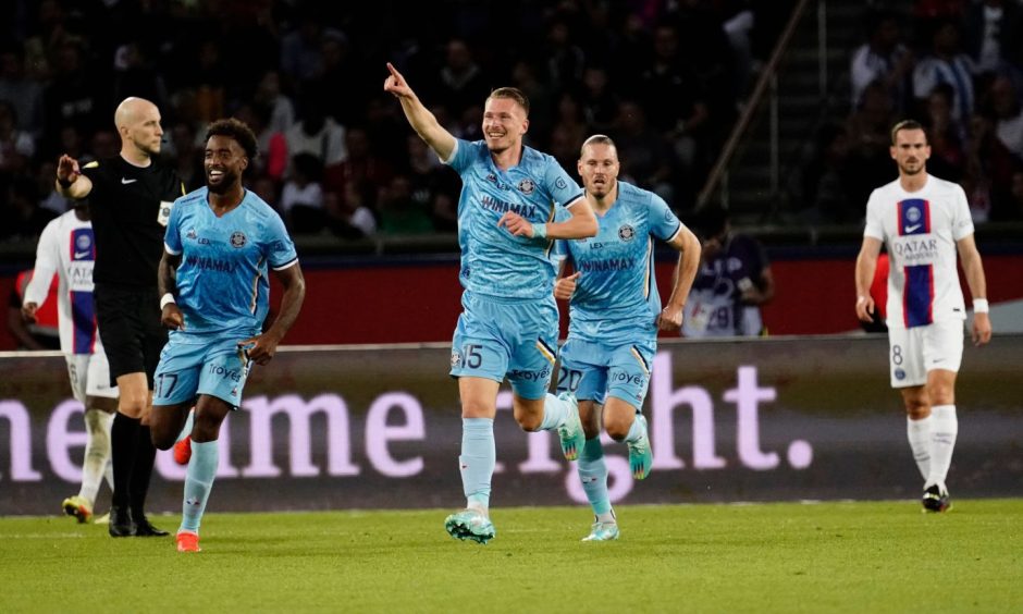 Mandatory Credit: Photo by David Winter/Shutterstock (13516298oi) Ante Palaversa of Troyes pulls the score back to 4-3 PSG v Troyes, Ligue 1, Football, Parc des Princes, Paris, France - 29 Oct 2022