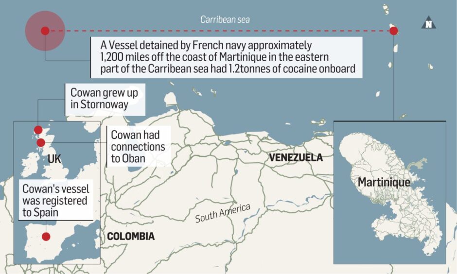 Graphic of the area in which the vessel carrying a1.2tonnes of cocaine was intercepted. 