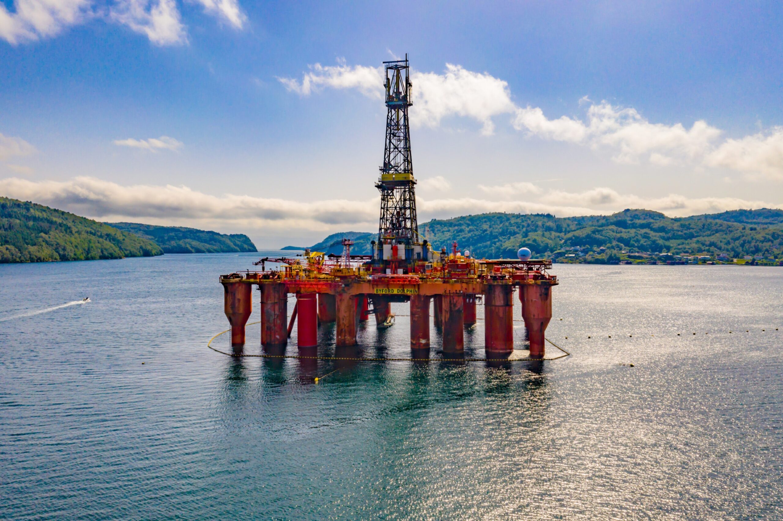 Aerial view of semi-sub drilling rig Byford Dolphin in fjord outside of Lyngdal