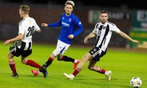 Fraserburgh's Connor Wood, right, and Joshua Hawkins, left, try to get to grips with Alex Lowry of Rangers B.