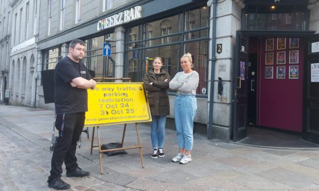 closure of Hadden Street. Picture shows; George Mackenzie, Alisha Bhatti and Suzanne Nicholl outside Cheerz Bar, where there will be a Hadden Street closure.