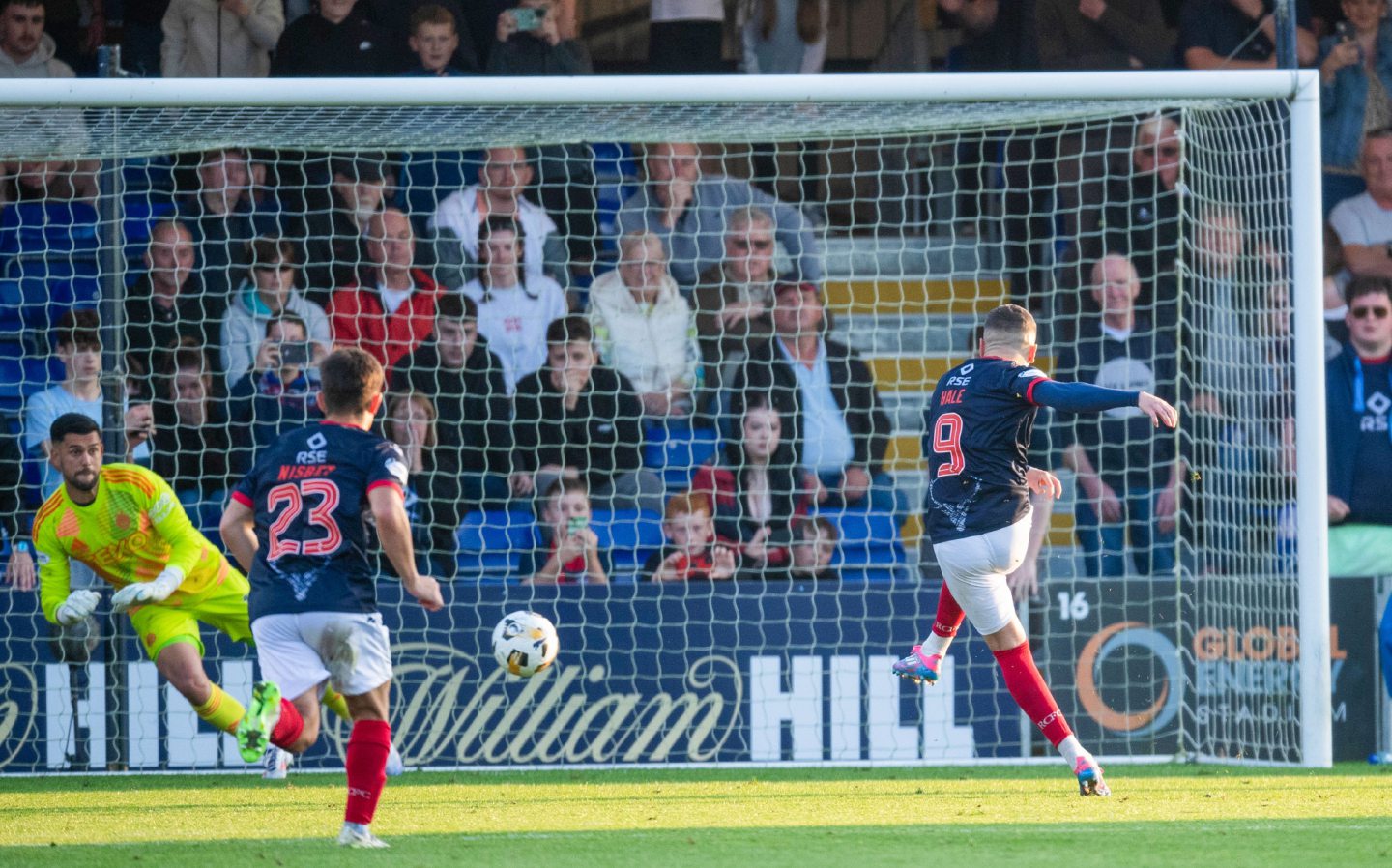 Ross County's Ronan Hale has a penalty saved by Aberdeen's Dimitar Mitov. Image: SNS 