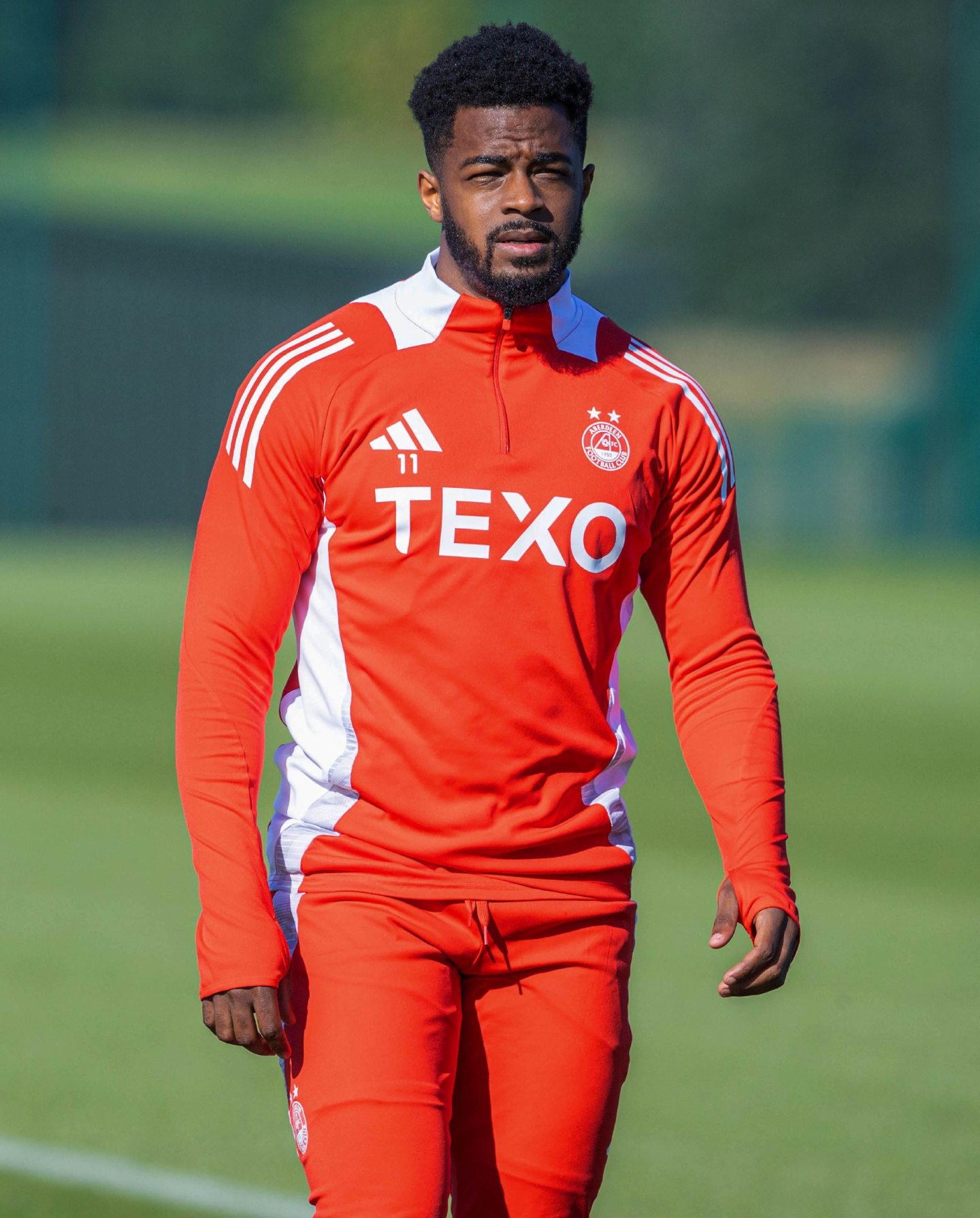 Returning attacker Duk during an Aberdeen training session at Cormack Park, on September 13, 2024. Image: SNS 