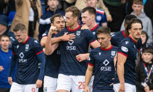 Celebrations for Ross County after Jordan White's penalty makes it 2-0 against Dundee. Image: Paul Devlin/SNS Group