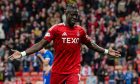 Aberdeen attacker Pape Gueye celebrates scoring to make it 1-0 during a Premier Sports Cup quarter-final match against Spartans at Pittodrie.