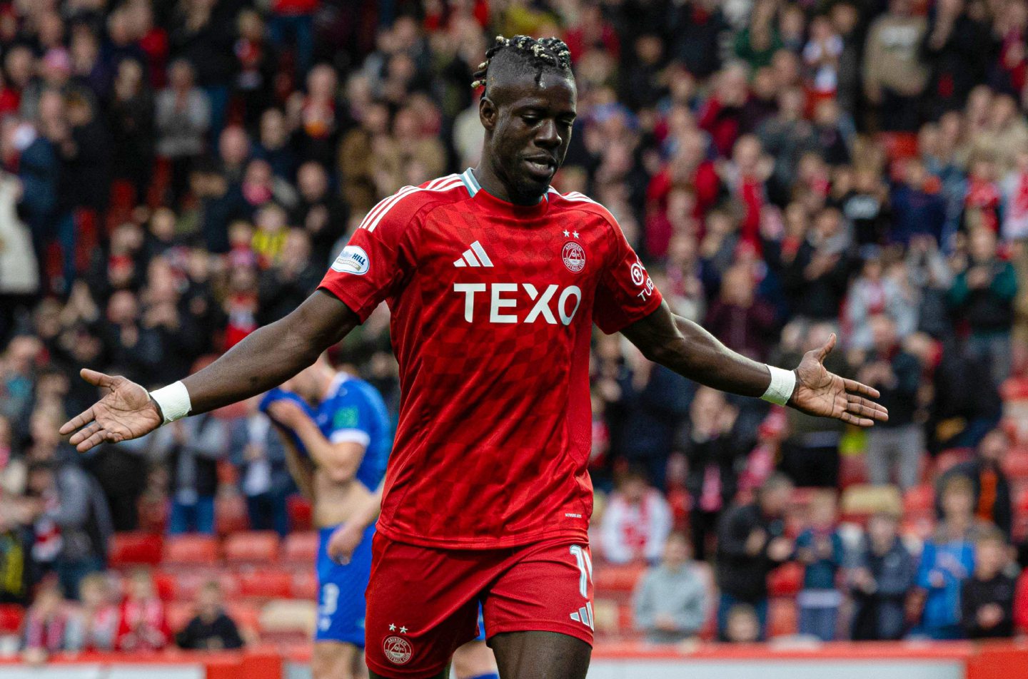 Aberdeen's Pape Gueye celebrates scoring to make it 1-0 during a Premier Sports Cup quarter-final match against Spartans. Image: SNS 