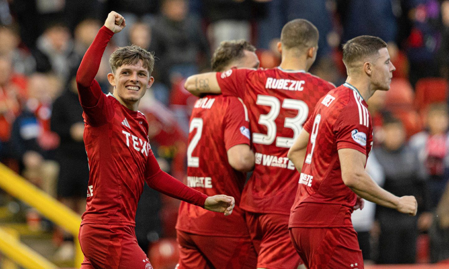 Aberdeen's Leighton Clarkson celebrates scoring to make it 3-0 during a Premier Sports Cup quarter-final match against Spartans. Image: SNS