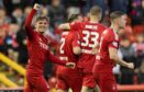 Leighton Clarkson celebrates scoring to make it 3-0 during a Premier Sports Cup quarter-final match between Aberdeen and The Spartans at Pittodrie. Image: SNS.