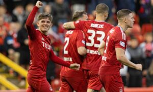 Leighton Clarkson celebrates scoring to make it 3-0 during a Premier Sports Cup quarter-final match between Aberdeen and The Spartans at Pittodrie. Image: SNS.