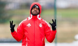 Attacker Duk during an Aberdeen training session at Cormack Park ahead of the Premiership clash at Dundee. Image; SNS