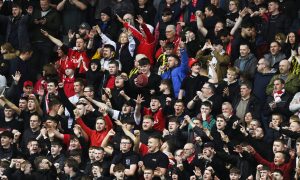 DUNDEE, SCOTLAND - SEPTEMBER 28: Aberdeen Fans during a William Hill Scottish Premiersihp match between Dundee FC and Aberdeen at the Scot Foam Stadium at Dens Park, on September 28, 2024, in Dundee, Scotland. (Photo by Rob Casey / SNS Group)