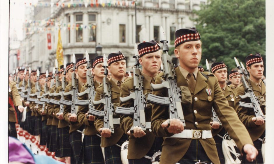 Men of the Gordon Highlanders parade through Aberdeen as part of the regiment's bicentenary celebrations in June 1994. Image: DC Thomson