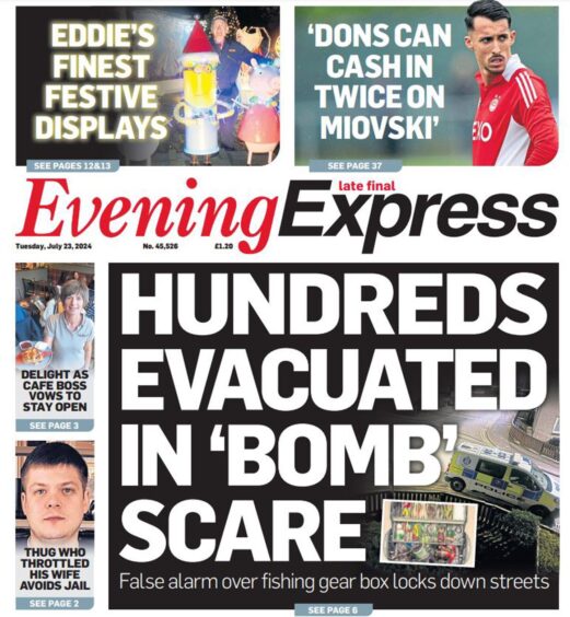 The Evening Express front page following the Sheddocksley bomb scare.