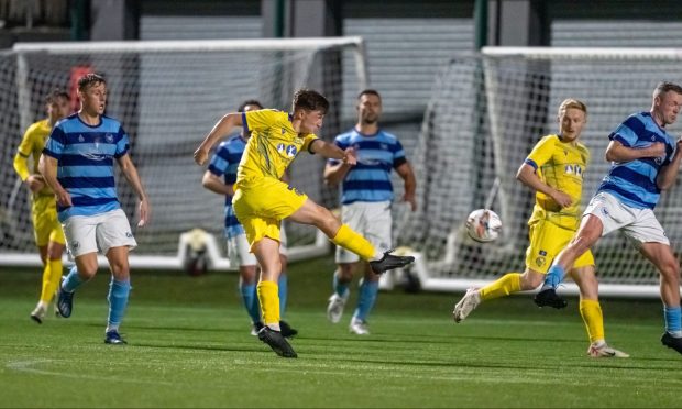 18 September 2024. Banks O' Dee FC, Spain Park, Abbotswell Road, Aberdeen. Breedon Highland League. Banks O' Dee v Brechin City. PICTURE CONTENT -   Fraser MacLeod scores Brechin's second goal                          CREDIT - Jasperimage