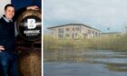 Steven Lewis of Burnside Brewery alongside an image of the new facility near Laurencekirk