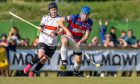 two shinty players competing