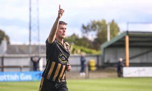 Huntly's Angus Grant celebrates after scoring to make it 1-0 against Wick Academy. Image: Darrell Benns/DC Thomson.