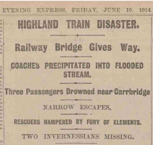 Evening Express coverage from June 27 1914 on the Carrbridge train accident.