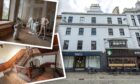 An external picture of the Gordon Arms Hotel with two inset interior scenes. All in colour.