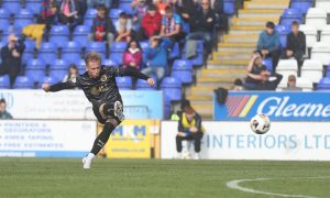 Adam Brooks curls home his free-kick goal against Stirling Albion.  Image: Peter Paul/caleyjags.com