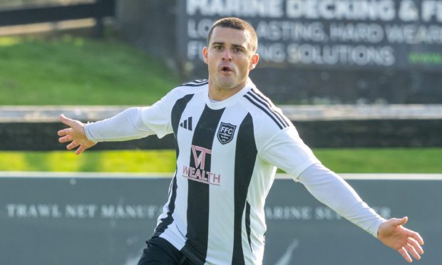 7 September 2024. Fraserburgh FC,Bellslea Park,Seaforth Street,Fraserburgh,Aberdeenshire,Scotland. This is from the Breedon Highland League Game of Fraserburgh FC v Brora Rangers FC. PICTURE CONTENT:- Fraserburgh's Scott Barbour celebrates           CREDIT:- JASPERIMAGE