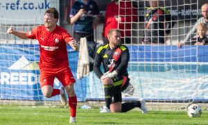 Brora Rangers' Tony Dingwall celebrates scoring against Fraserburgh. Pictures by Jasperimage.