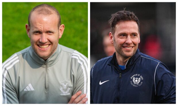 Fraserburgh manager Mark Cowie, left, pictured with assistant James Duthie, centre, and coach Alex Mair.