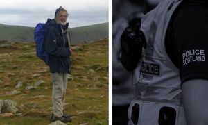 Image of Ian Myles wearing a blue rucksack next to a black and white image of an officer in police uniform wearing the Police Scotland logo