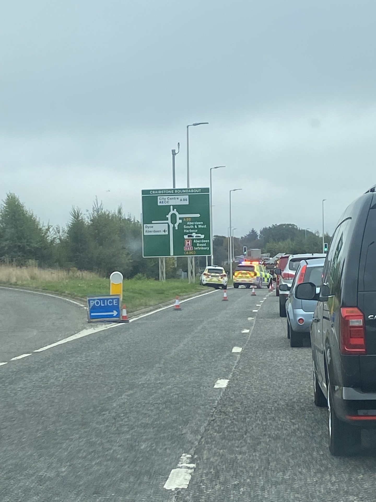 A96 restricted near Aberdeen as firefighters deal with car on fire