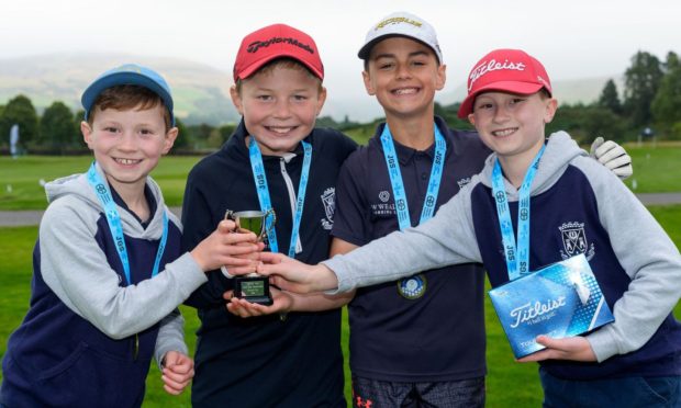 Pictured from left to right are Inverurie's Matthew Shanks, Rory Thomson, Jamie Lorimer and James Shanks with their trophy for coming second in the Scottish Junior Flag Championship. Picture submitted by Connor Killoh on September 16 2024.