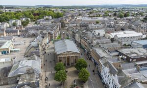 Drone image of Elgin High Street.