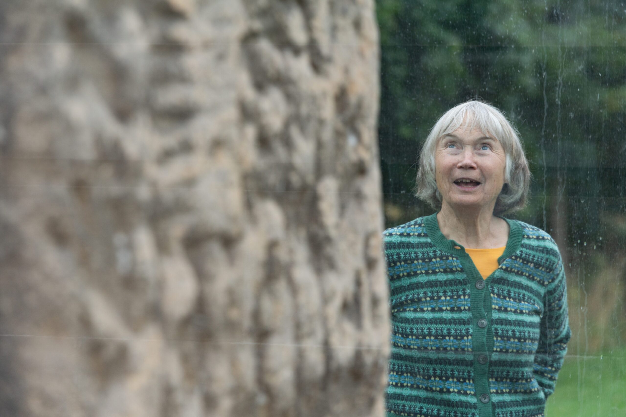 Jane Geddes looking up at the stone shocked. 