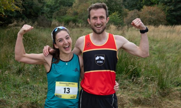 Bennachie Hill Race women's winner Becky Baptie and men's champion Jon Gamble. Image: Kenny Elrick/DC Thomson