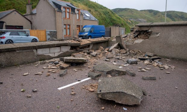 A wall on Union Road in Macduff that was damaged during Sunday's crash. Image: Kath Flannery/DC Thomson