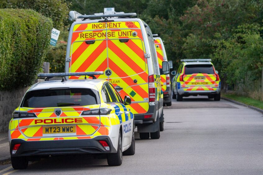 Police vehicles lined up.