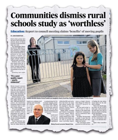 Press and Journal headline reading "communities dismiss rural schools study as worthless"